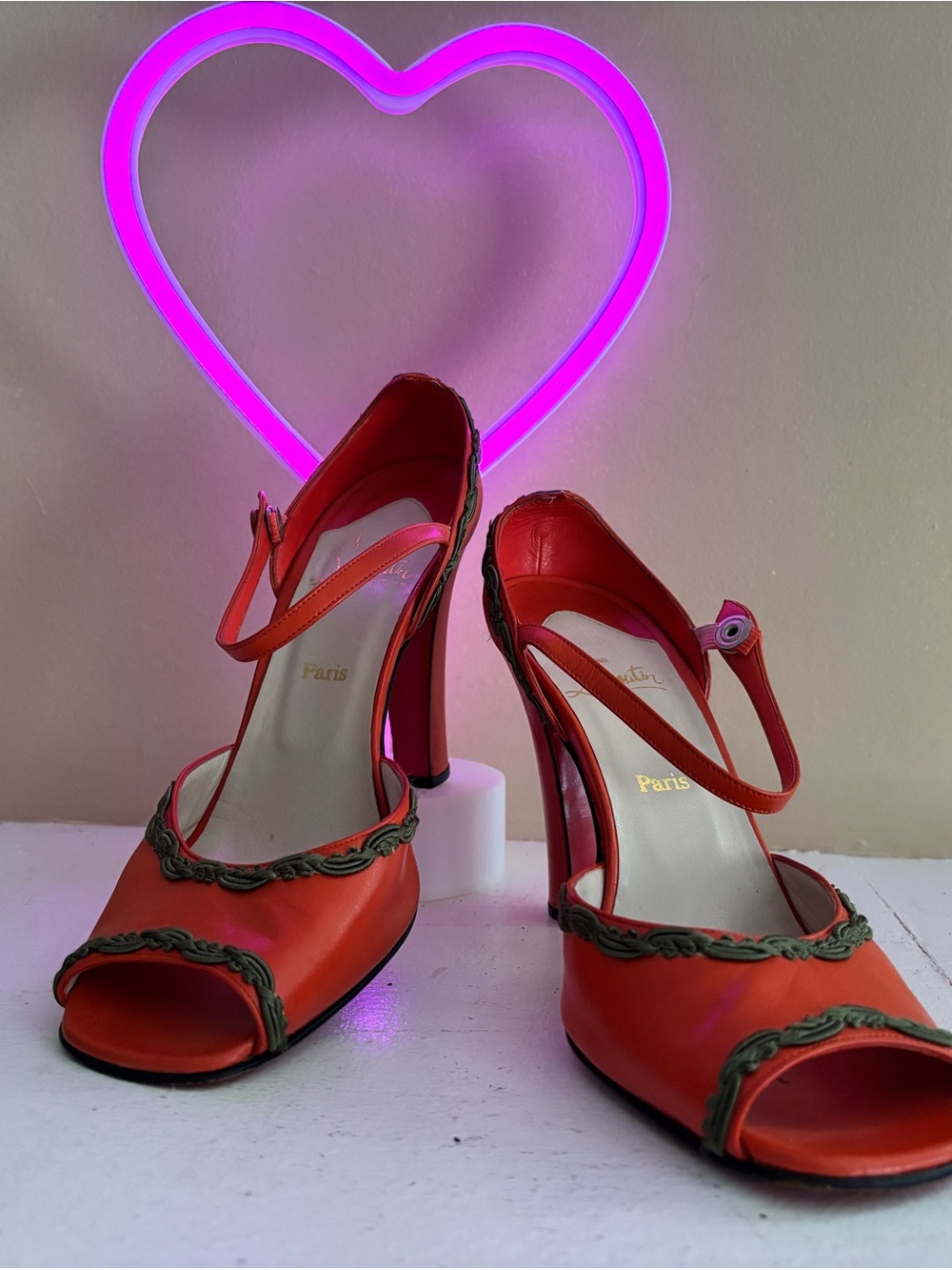 Christian Louboutin Red Orange Leather Peep Toe Heels Size 39 Paris
